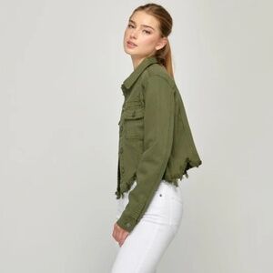 HIDDEN Jeans Frayed Hem Cropped Denim Jacket MED Trucker Military Olive Fitted